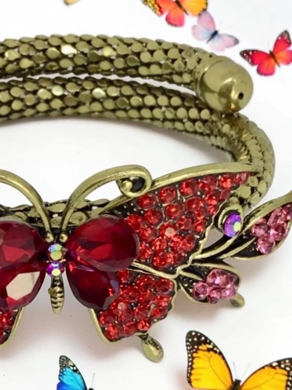 Butterfly statement bracelet gold tone, mesh cuff w red rhinestones new